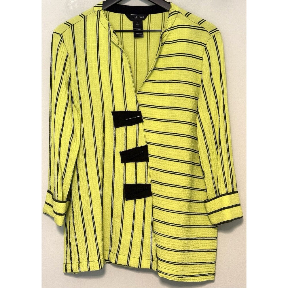 Ali Miles Button-up Blouse Tunic Sz S Neon Yellow Striped Lagenlook Artsy